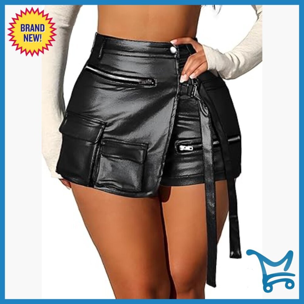 Faux Leather High Waist Cargo Skort with Pockets, Asymmetrical Hem